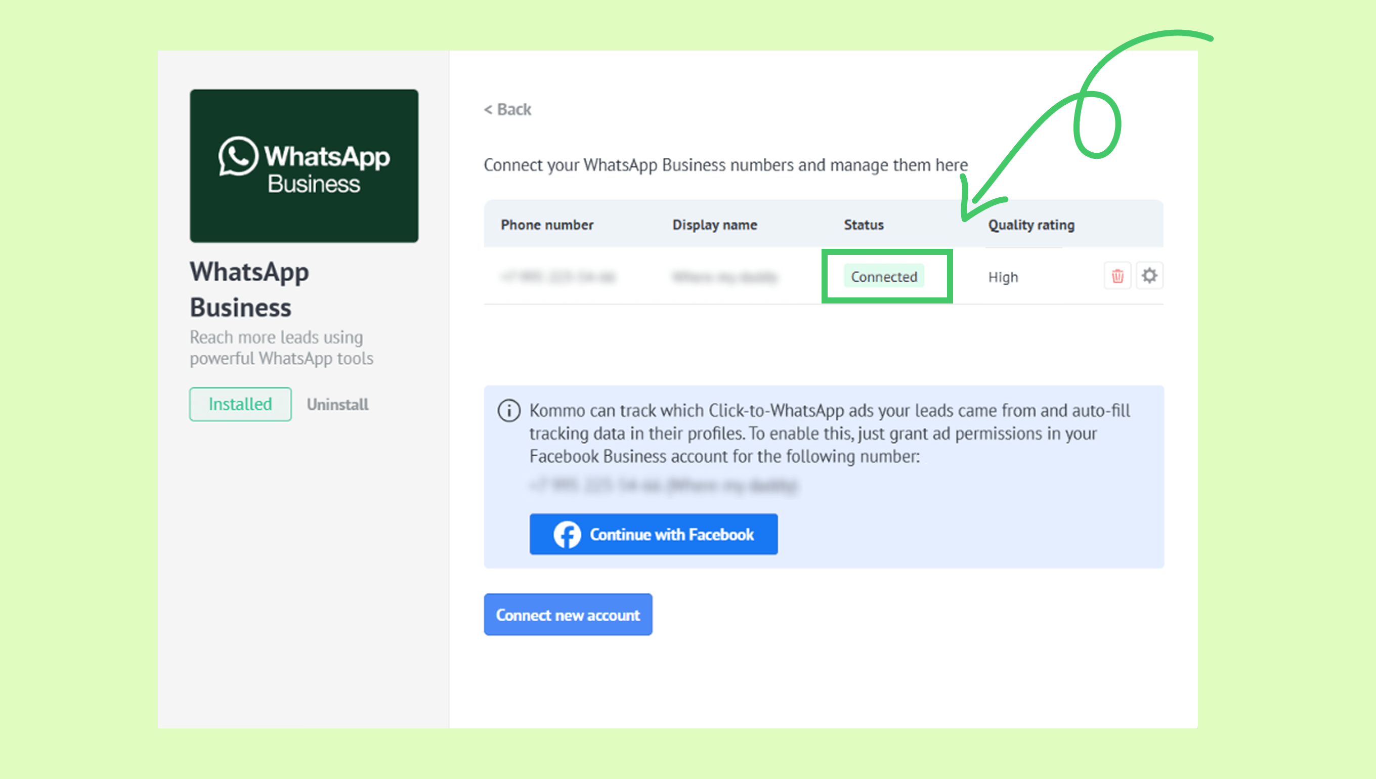 WhatsApp Business interface showing connected status and options for managing accounts.